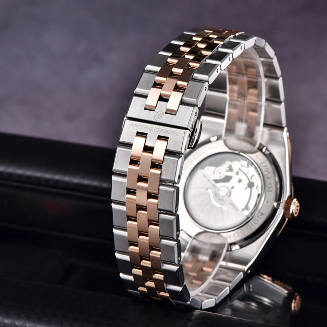 PAGAI DESIGN MEN'S 2025 NEW MODEL AUTOMATIC RHOMBUS DAIL TWO TONE ROSE GOLD CHAIN WATCH SKU-YS027