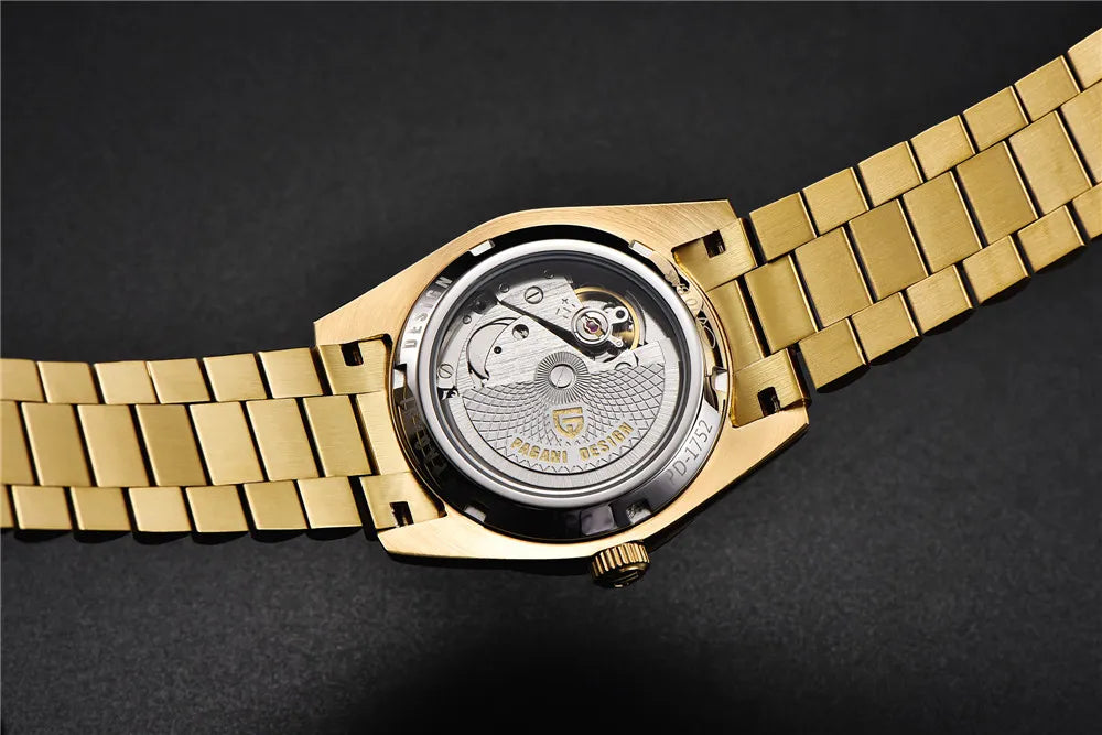 PAGANI DESIGN MEN'S DAYNDATE GOLDEN PRESIDENT AUTOMATIC BUGET STONED BLACK DAIL 36MM CHAIN WATCH SKU-PD1752