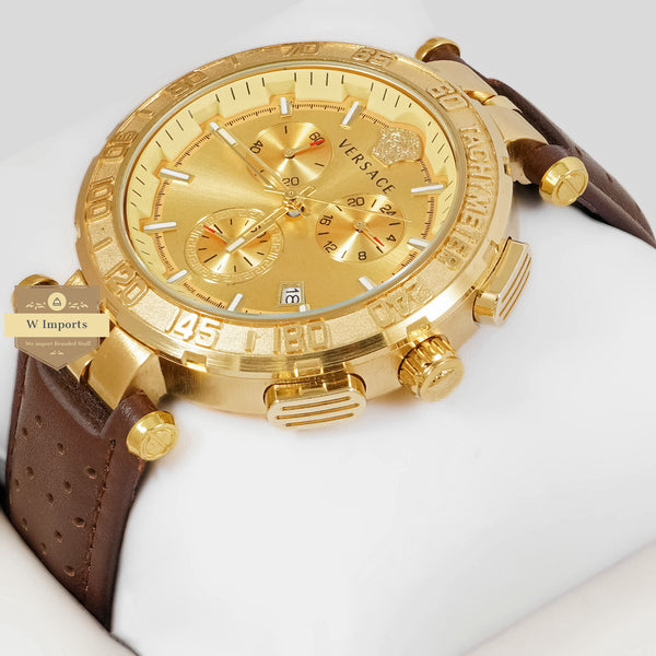 LATEST COLLECTION CHRONOGRAPH YELLOW GOLD CASE WITH DIAL AND BROWN LEATHER STRAP
