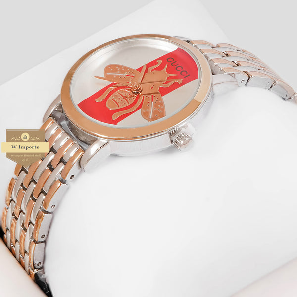 Latest Collection Butterfly Two Tone Rose Gold With White & Red Dial Ladies Watch