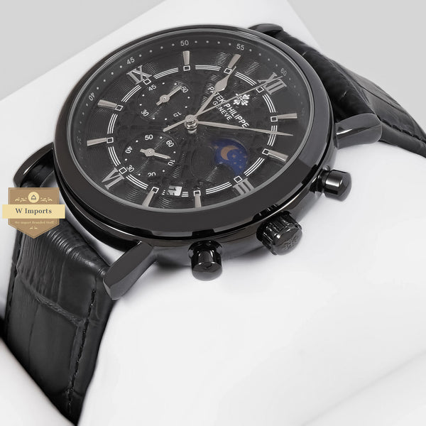 Latest Collection Chronograph Skeleton Dial All Black With Leather Strap