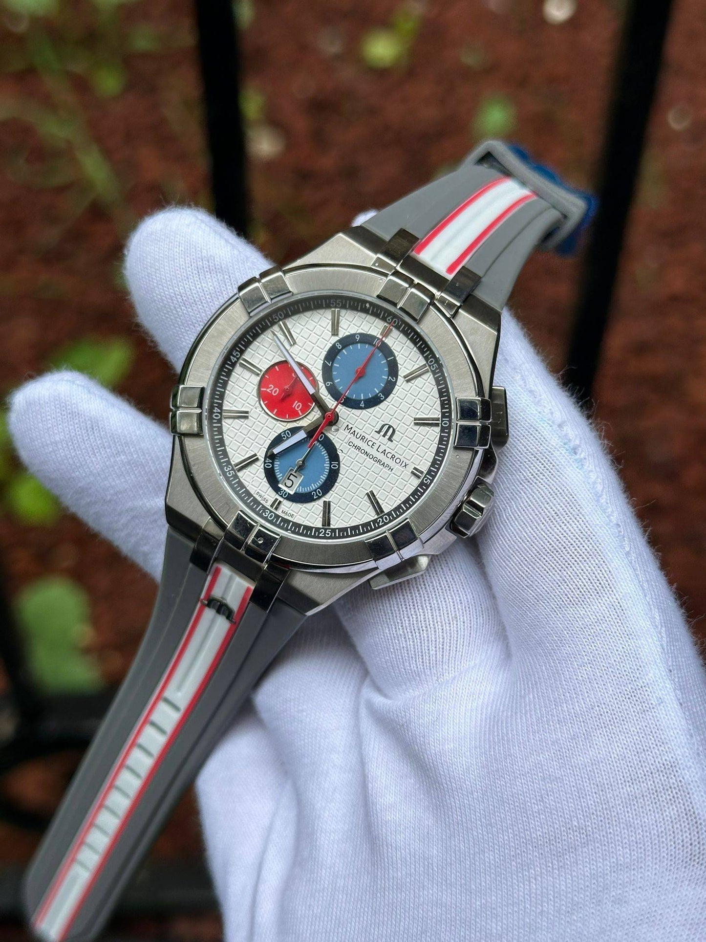 Maurice Lacroix Men’s Quartz Swiss Made Multi Color Silicone Strap Silver Sunray Dial 44mm Watch AI1018-TT031-130-2
