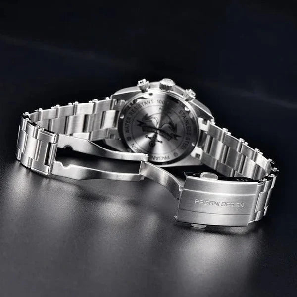 PAGANI DESIGN MEN'S CHRONOGRAPH SILVER STAINLESS STEEL BLACK DAIL CHAIN WATCH JAPANESS QUARTZ SKU-PD1718