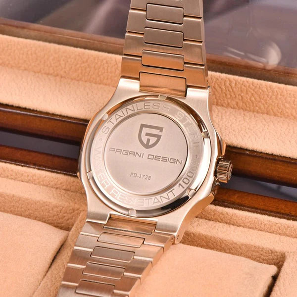 PAGANI DESIGN MEN'S ROSE GOLD STAINLESS STEEL AUTOMATIC WITH CHOCOLATE BROWN DAIL CHAIN WATCH SKU-PD1728