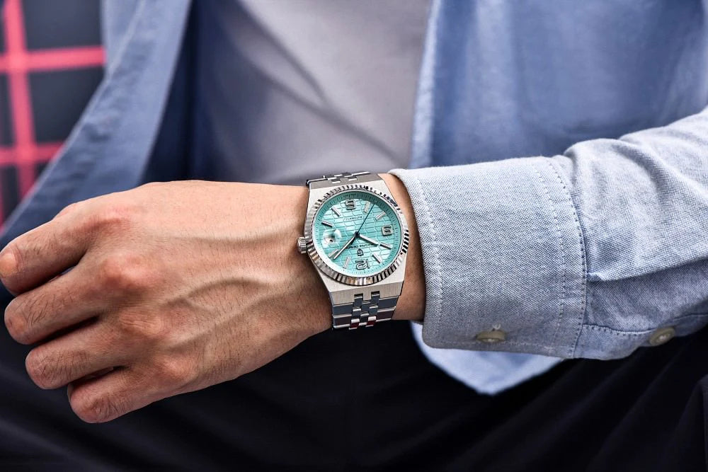 PAGANI DESIGN MEN'S NEW MODEL 2025 SILVER STAINLESS STEEL WITH ICE BLUE DAIL CHAIN WATCH AUTOMATIC SKU-YS027