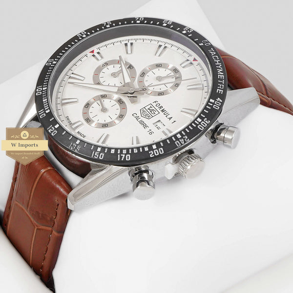 LATEST COLLECTION CHRONOGRAPH SILVER CASE WITH WHITE DIAL AND BROWN LEATHER STRAP