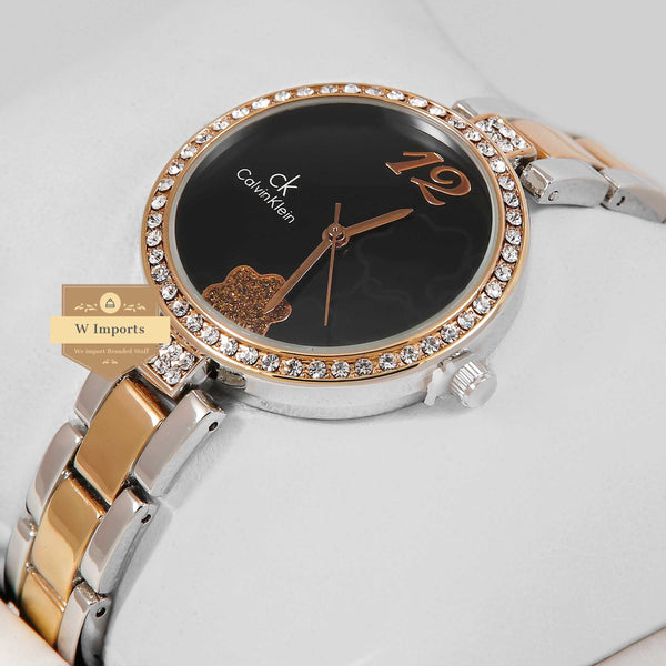 Latest Collection Two Tone Yellow Gold With Black Dial & Stone Bezel Ladies Watch