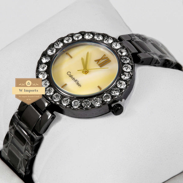 Latest Collection Black With Yellow Dial & Stone Bezel Ladies Watch