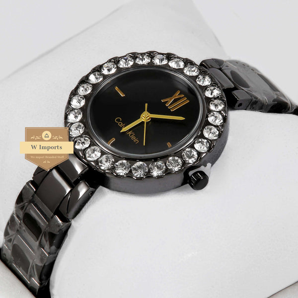 Latest Collection All Black With Stone Bezel Ladies Watch