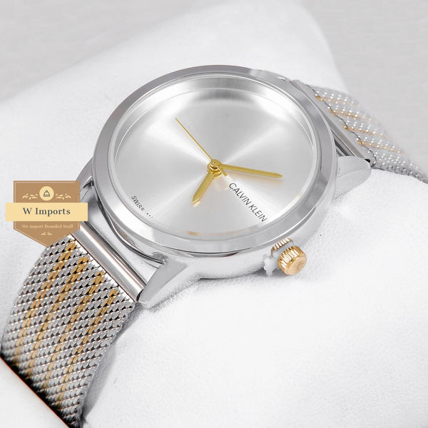 Latest Collection Silver & Yellow Gold With Silver Dial Mesh Bracelet Ladies Watch