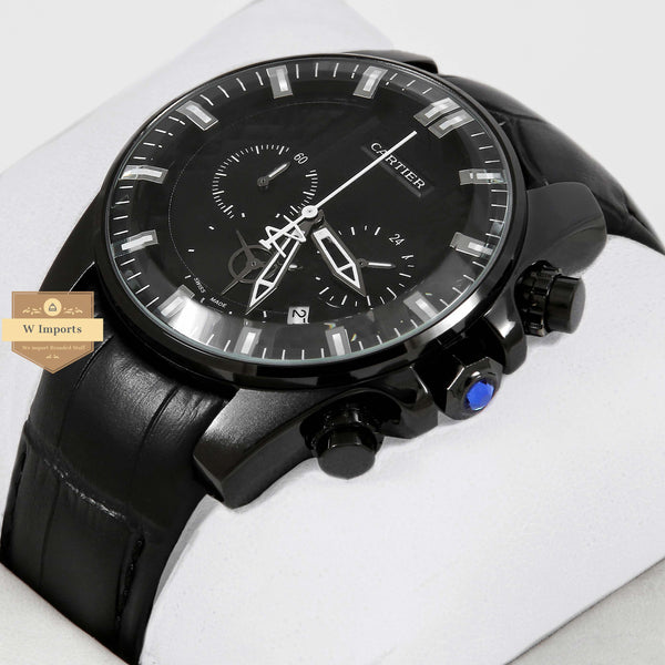Latest Chronograph Black Case With Black Dial & Leather Strap