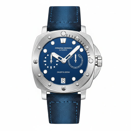 PAGANI DESIGN MEN'S SILVER STAINLESS STEEL BLUE DAIL BLUE NYLON STRAP AUTOMATIC MOVEMENT SKU-PD1767