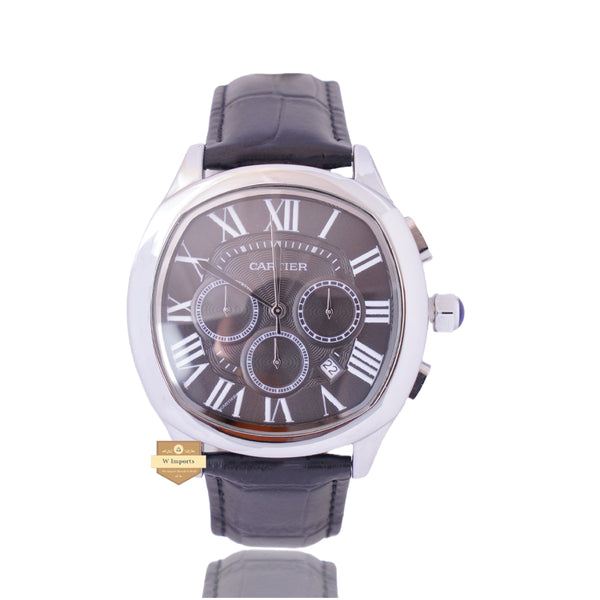 NEW LATEST CHRONOGRAPH COLLECTION SILVER WITH BLACK DIAL & LEATHER STRAP WATCH