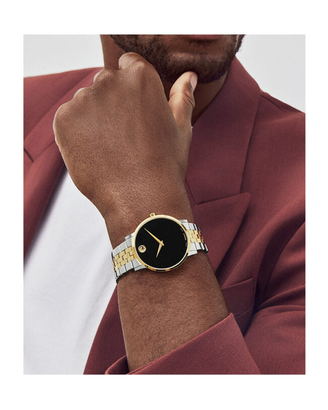 Movado Men’s Swiss Made Quartz Two Tone Yellow Gold Stainless Steel Black Dial 40mm Watch 0607200