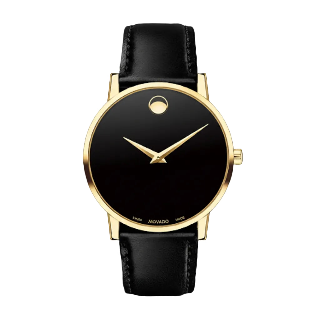 Movado Men’s Swiss Made Quartz Golden Black Leather Strap Blue Dial 40mm Watch 0607314