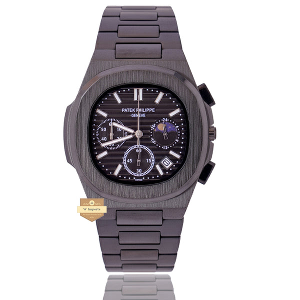 NEW LATEST CHRONOGRPAH COLLECTION  ALL BLACK WITH BLACK DAIL MOON PHASE  CHAIN WATCH