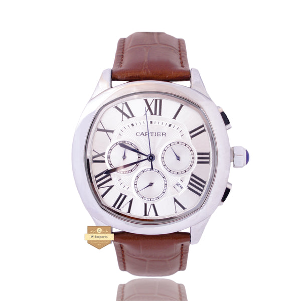 NEW LATEST CHRONOGRAPH COLLECTION SILVER WITH WHITE DIAL & LEATHER STRAP WATCH