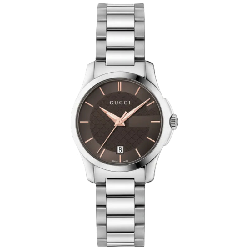 Gucci Women’s Swiss Made Quartz Silver Stainless Steel Brown Dial 27mm Watch YA126529