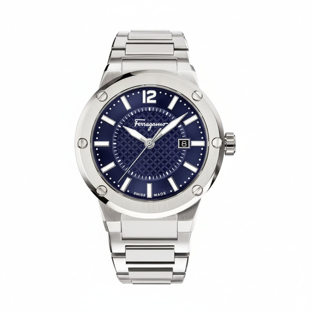Ferragamo Men’s Swiss Made Quartz Silver Stainless Steel Blue Dial 44mm Watch SFHY02923