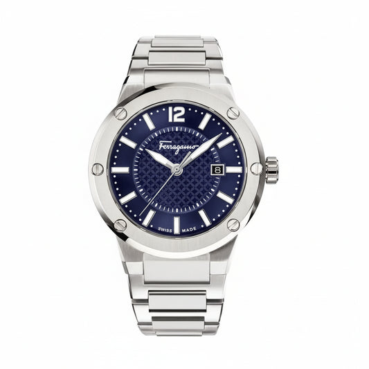 Ferragamo Men’s Swiss Made Quartz Silver Stainless Steel Blue Dial 44mm Watch SFHY02923