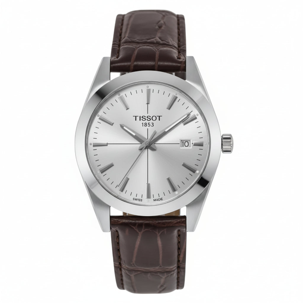 TISSOT Men’s Swiss Made Quartz Brown Leather Strap Silver Dial 40mm Watch T127.410.16.031.01