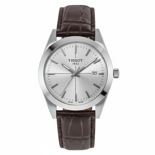 TISSOT Men’s Swiss Made Quartz Brown Leather Strap Silver Dial 40mm Watch T127.410.16.031.01