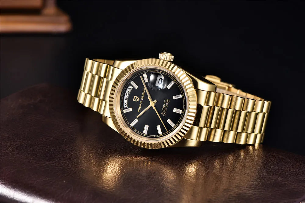 PAGANI DESIGN MEN'S DAYNDATE GOLDEN PRESIDENT AUTOMATIC BUGET STONED BLACK DAIL 36MM CHAIN WATCH SKU-PD1752