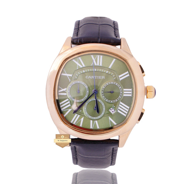 NEW LATEST CHRONOGRAPH COLLECTION YELLOW GOLD WITH OLIVE GREEN DIAL & LEATHER STRAP WATCH