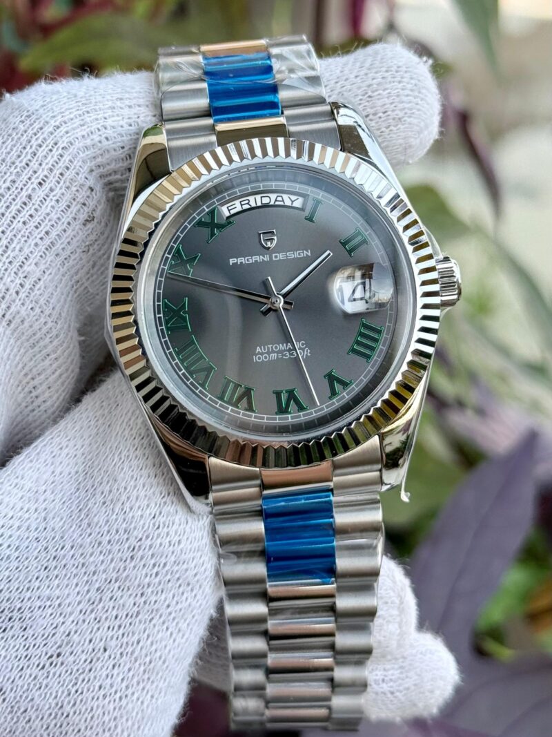 PAGANI DESIGN MEN'S WIMBLEDON DAYNDATE AUTOMATIC SILVER STAINLESS STEEL CARCOAL DAIL CHAIN WATCH SKU-PD1783