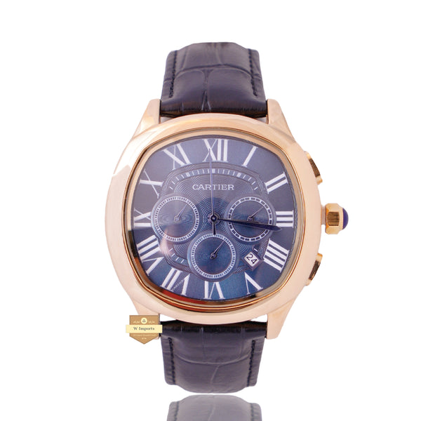 NEW LATEST CHRONOGRAPH COLLECTION YELLOW GOLD WITH BLUE DIAL & LEATHER STRAP WATCH