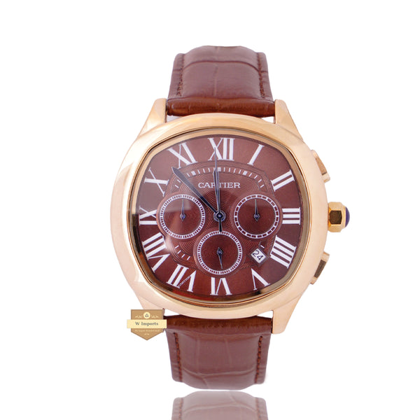 NEW LATEST CHRONOGRAPH COLLECTION YELLOW GOLD WITH BROWN DIAL & LEATHER STRAP WATCH