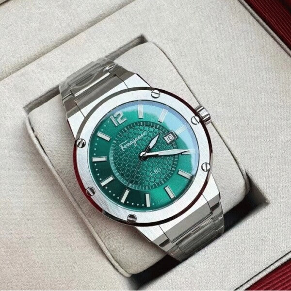 Ferragamo Men’s Swiss Made Quartz Silver Stainless Steel Green Dial 44mm Watch SFHY00621
