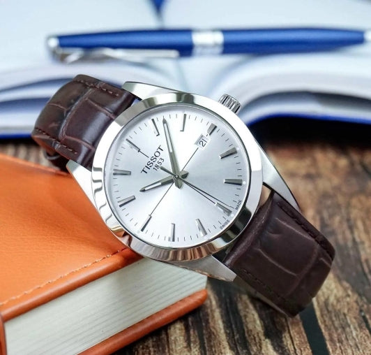TISSOT Men’s Swiss Made Quartz Brown Leather Strap Silver Dial 40mm Watch T127.410.16.031.01