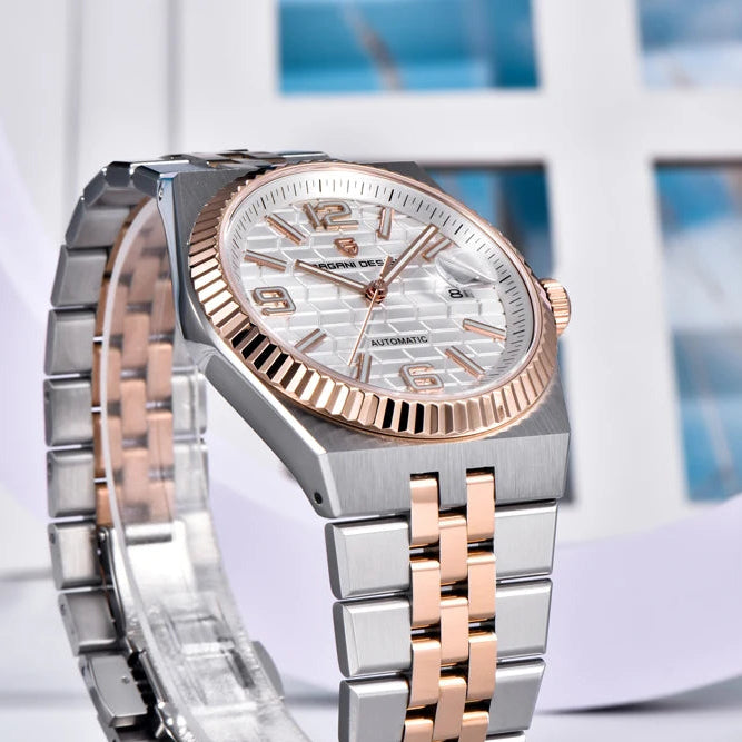 PAGAI DESIGN MEN'S 2025 NEW MODEL AUTOMATIC RHOMBUS DAIL TWO TONE ROSE GOLD CHAIN WATCH SKU-YS027