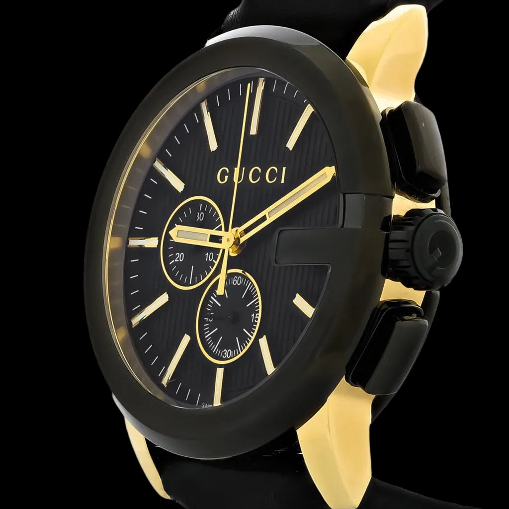 Gucci Men’s Swiss Made Quartz Leather Strap Black Dial 44mm Watch YA101203