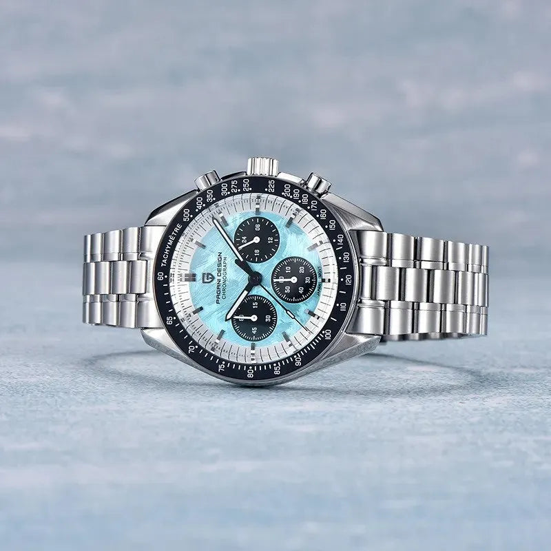 PAGANI DESIGN MEN'S CHRONOGRPAH SILVER STAINLESS STEEL ICE BLUE DAIL CHAIN WATCH SKU-PD1701V4