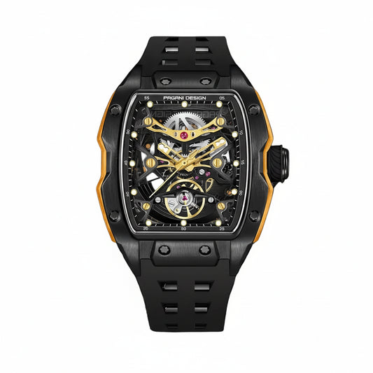 PAGANI DESIGN MEN'S WATCH SKELETON ALL BLACK SAPPHIRE GLASS BLACK DAIL BLACK RUBBER STRAP AUTOMATIC SKU-PD-YS018