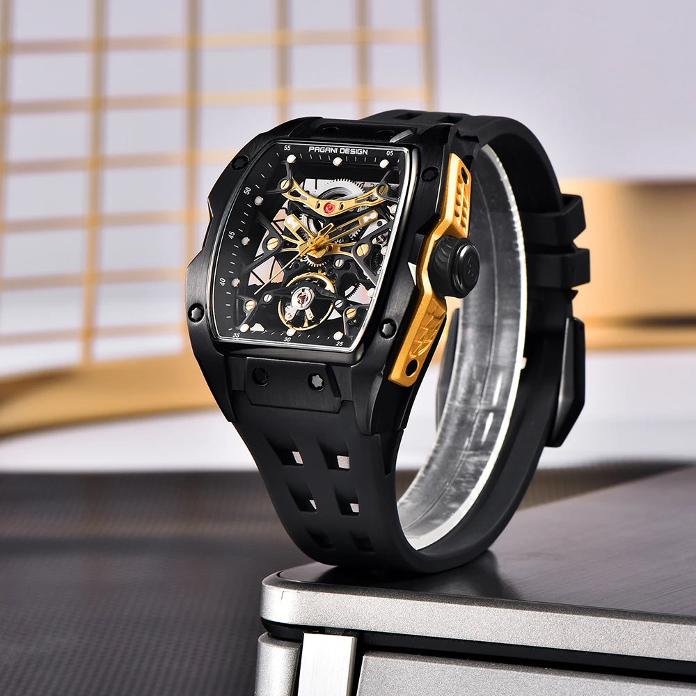 PAGANI DESIGN MEN'S WATCH SKELETON ALL BLACK SAPPHIRE GLASS BLACK DAIL BLACK RUBBER STRAP AUTOMATIC SKU-PD-YS018