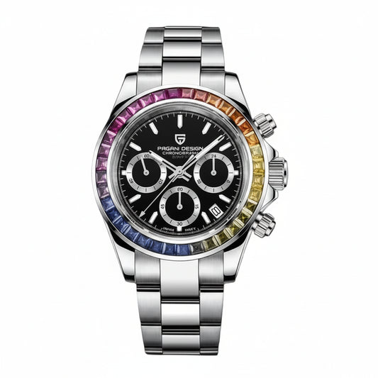 PAGANI DESIGN MEN'S WATCH RAINBOW SILVER STAINLESS STEEL JAPANEES QUARTZ MOVEMENT BLACK DAIL CHAIN SKU-PD-1644