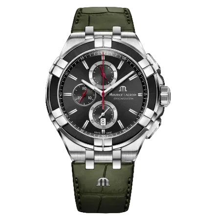 Maurice Lacroix Men’s Quartz Swiss Made Green Leather Strap Black Dial 44mm Watch AI1018-PVB21-330-1