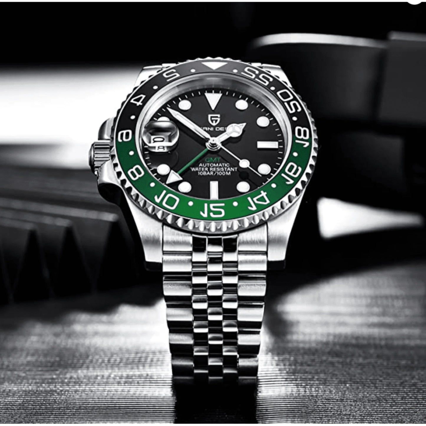 PAGANI DESIGN MEN'S GMT SPRITE LEFT SIDE NEW MODEL AUTOMATIC WITH ROTATE BAZE SILVER STAINLESS STEEL JUBILEE CHAIN WATCH SKU-1662 NH34 MOVEMENT