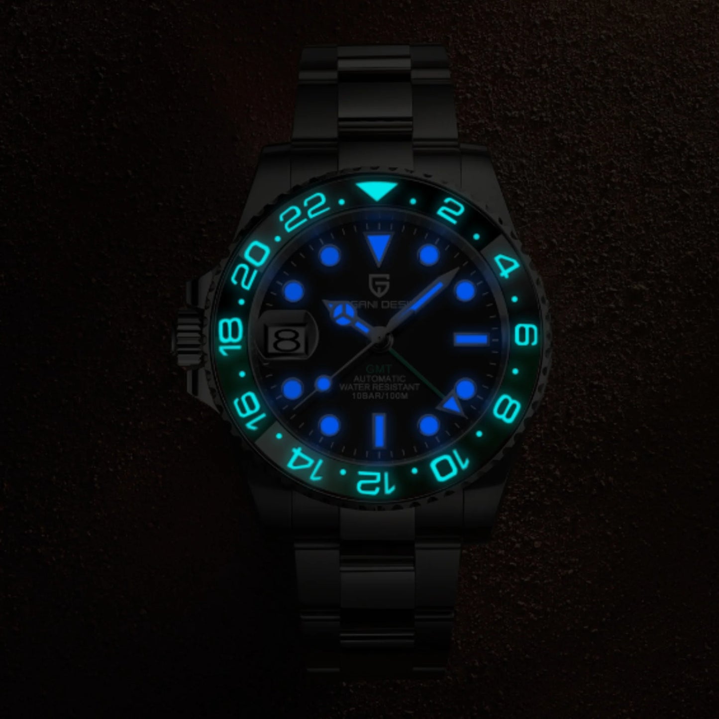 PAGANI DESIGN MEN'S GMT SPRITE LEFT SIDE NEW MODEL AUTOMATIC WITH ROTATE BAZE SILVER STAINLESS STEEL JUBILEE CHAIN WATCH SKU-1662 NH34 MOVEMENT