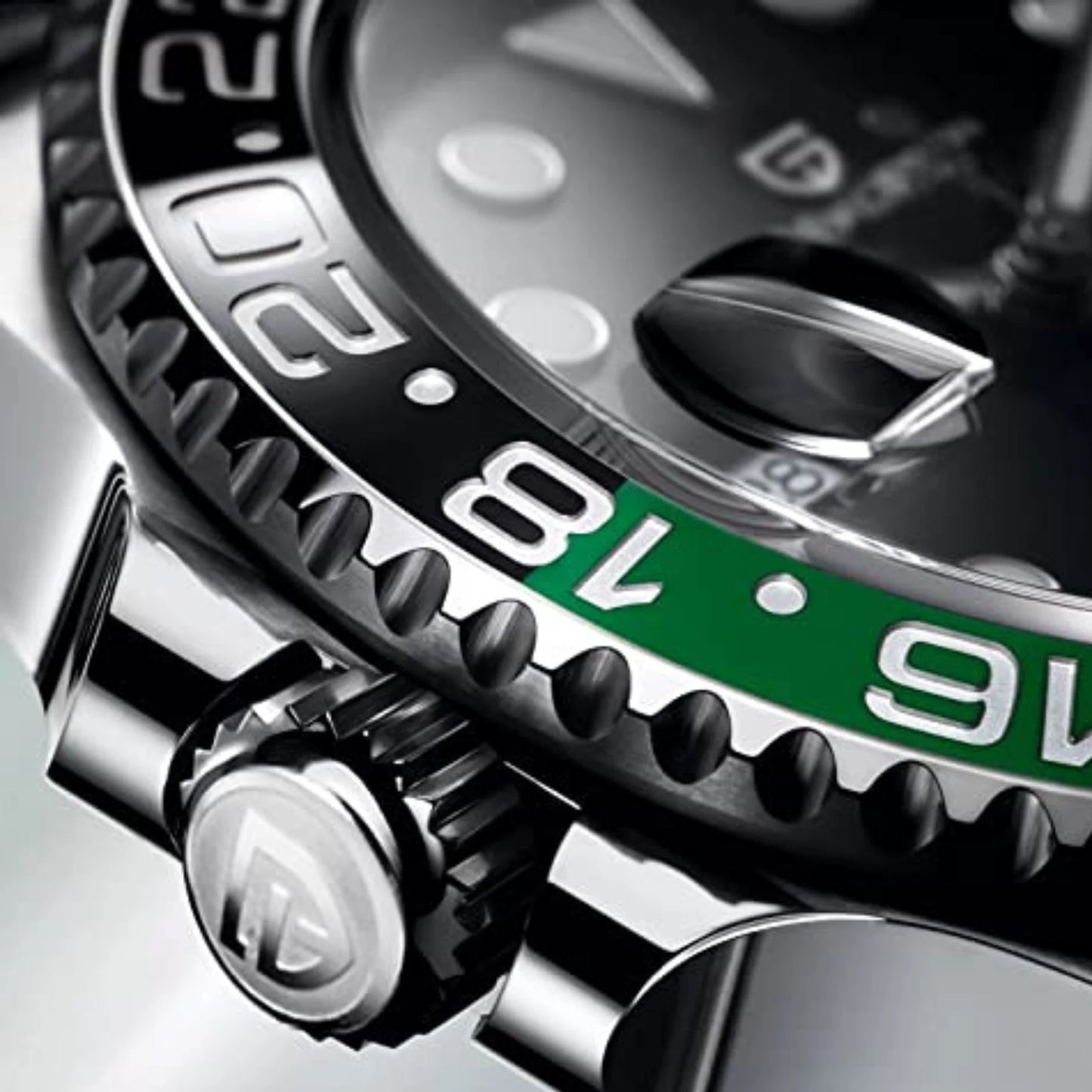 PAGANI DESIGN MEN'S GMT SPRITE LEFT SIDE NEW MODEL AUTOMATIC WITH ROTATE BAZE SILVER STAINLESS STEEL JUBILEE CHAIN WATCH SKU-1662 NH34 MOVEMENT