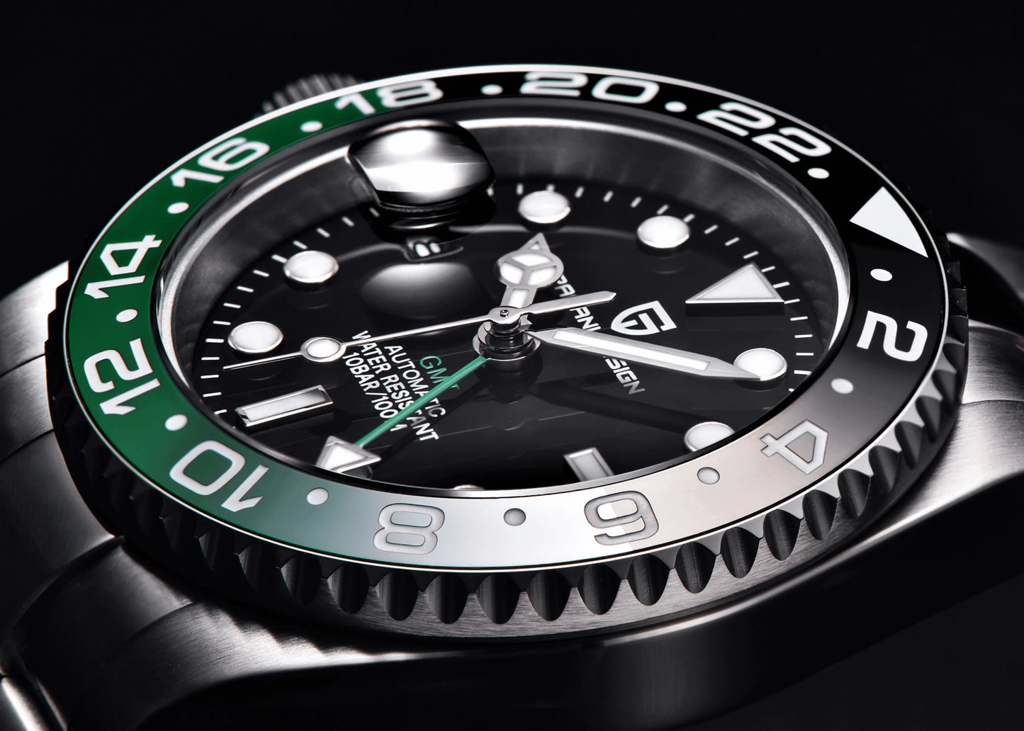 PAGANI DESIGN MEN'S GMT SPRITE LEFT SIDE NEW MODEL AUTOMATIC WITH ROTATE BAZE SILVER STAINLESS STEEL JUBILEE CHAIN WATCH SKU-1662 NH34 MOVEMENT