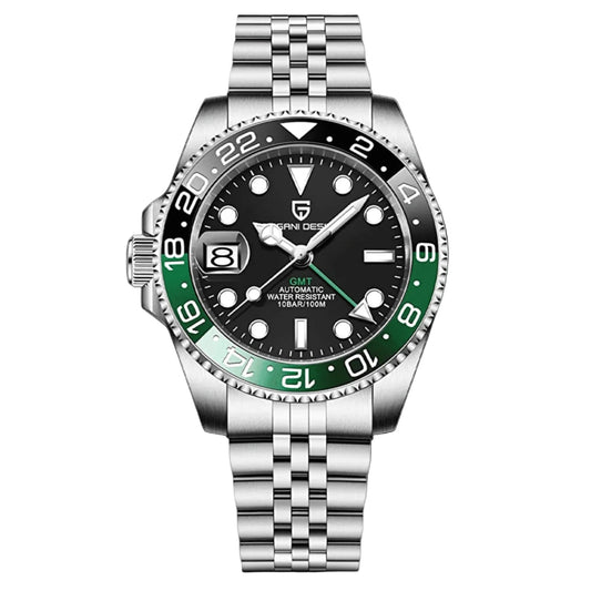 PAGANI DESIGN MEN'S GMT SPRITE LEFT SIDE NEW MODEL AUTOMATIC WITH ROTATE BAZE SILVER STAINLESS STEEL JUBILEE CHAIN WATCH SKU-1662 NH34 MOVEMENT