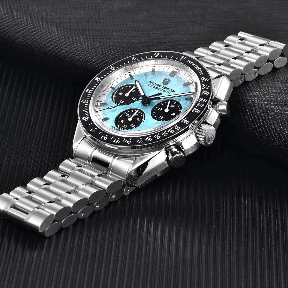 PAGANI DESIGN MEN'S CHRONOGRPAH SILVER STAINLESS STEEL ICE BLUE DAIL CHAIN WATCH SKU-PD1701V4