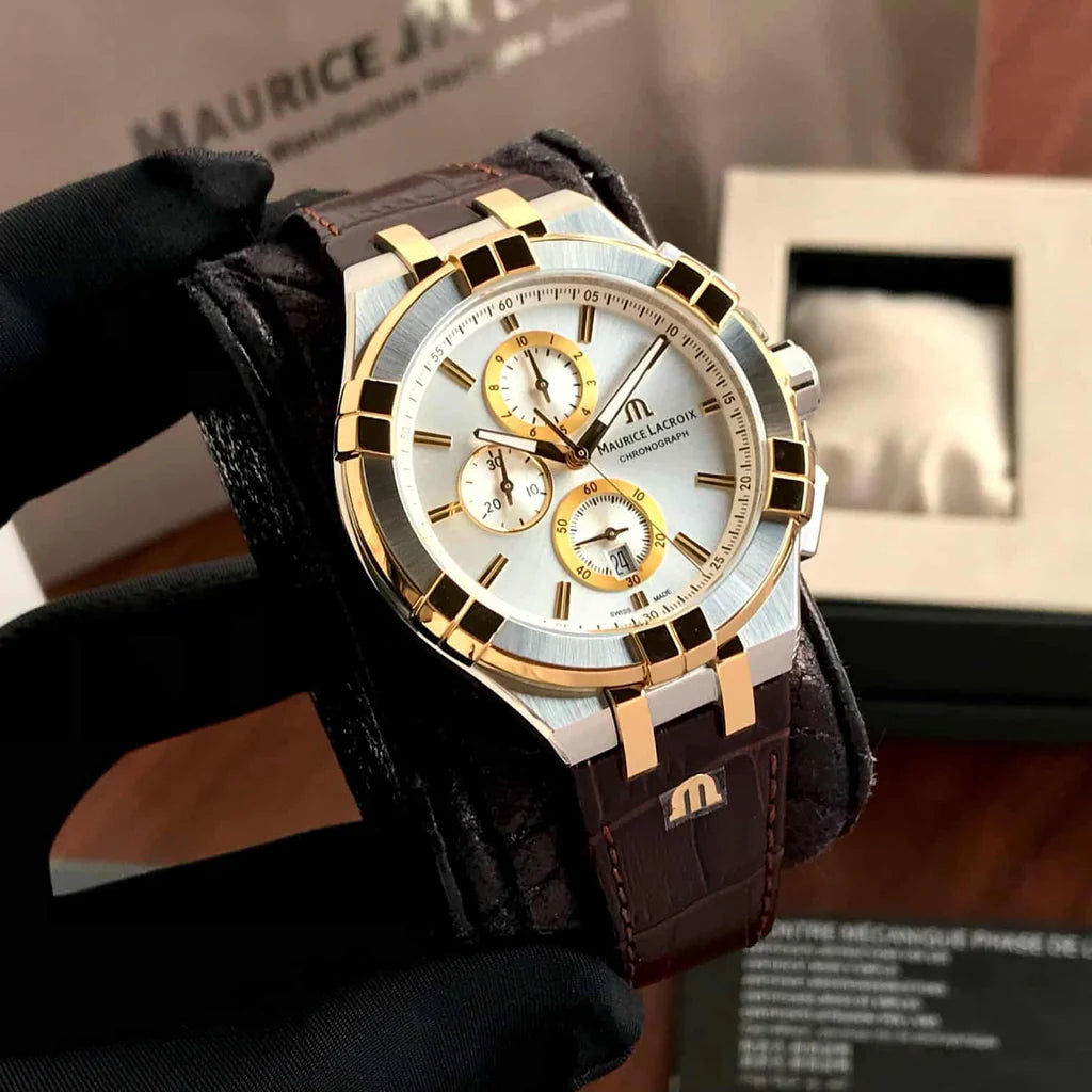 Maurice Lacroix Men’s Quartz Swiss Made Brown Leather Strap Silver Dial 44mm Watch AI1018-PVY11-132-1