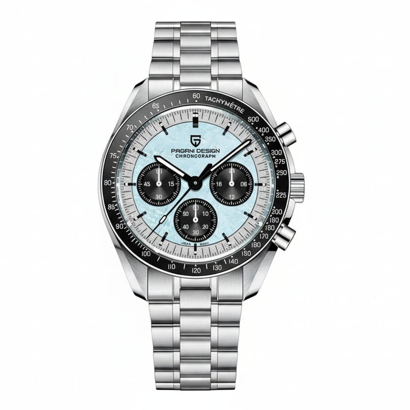 PAGANI DESIGN MEN'S CHRONOGRPAH SILVER STAINLESS STEEL ICE BLUE DAIL CHAIN WATCH SKU-PD1701V4