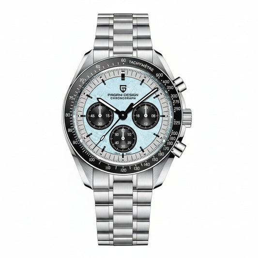 PAGANI DESIGN MEN'S CHRONOGRPAH SILVER STAINLESS STEEL ICE BLUE DAIL CHAIN WATCH SKU-PD1701V4