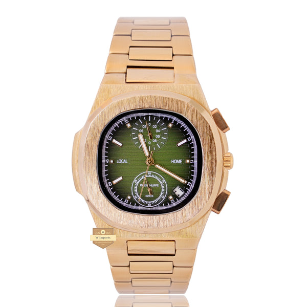NEW LATEST CHRONOGRAPH COLLECTION  YELLOW GOLD WITH OLIVE GREEN DAIL  CHAIN WATCH